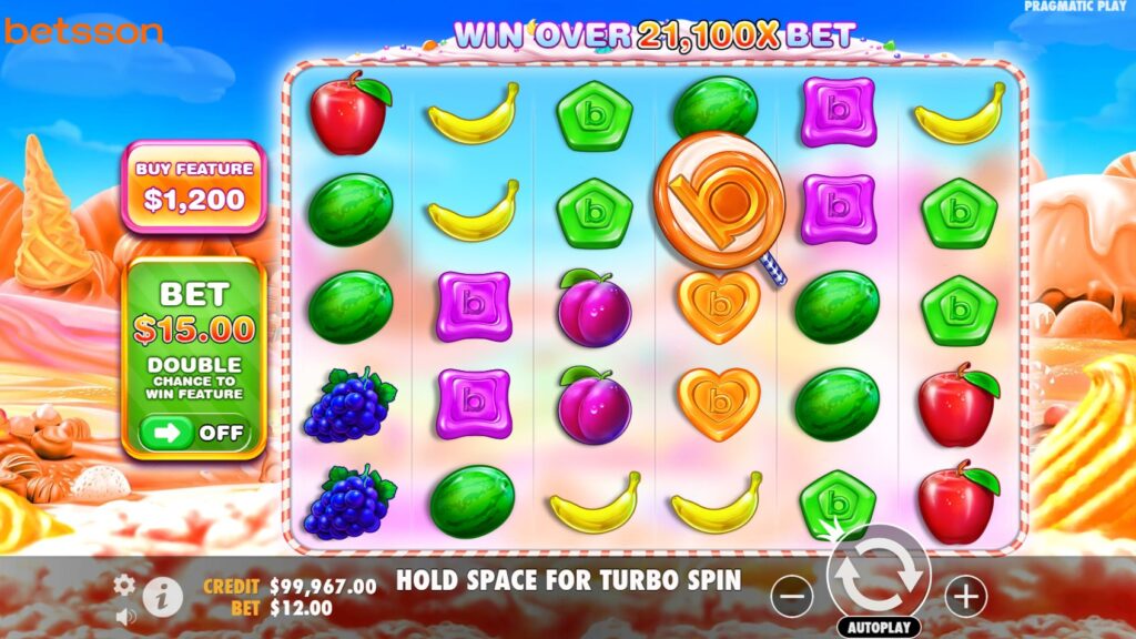Sweet Bonanzasson slot game interface with 6x5 reels and candy theme by Pragmatic Play for Betsson