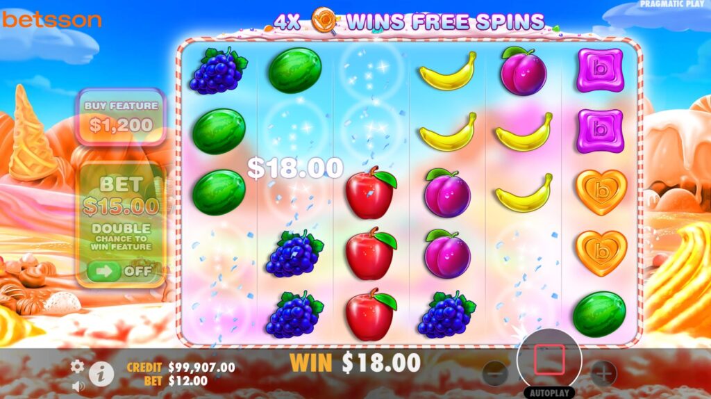 The Tumble Feature in action on Sweet Bonanzasson, with new symbols cascading down.