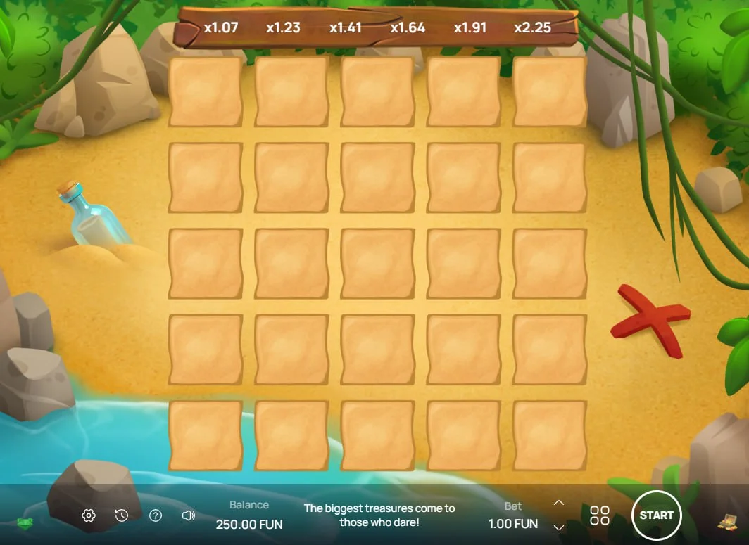 Treasure Map game interface showing a 5x5 grid of sand tiles and multiplier progression values at the top of the screen.