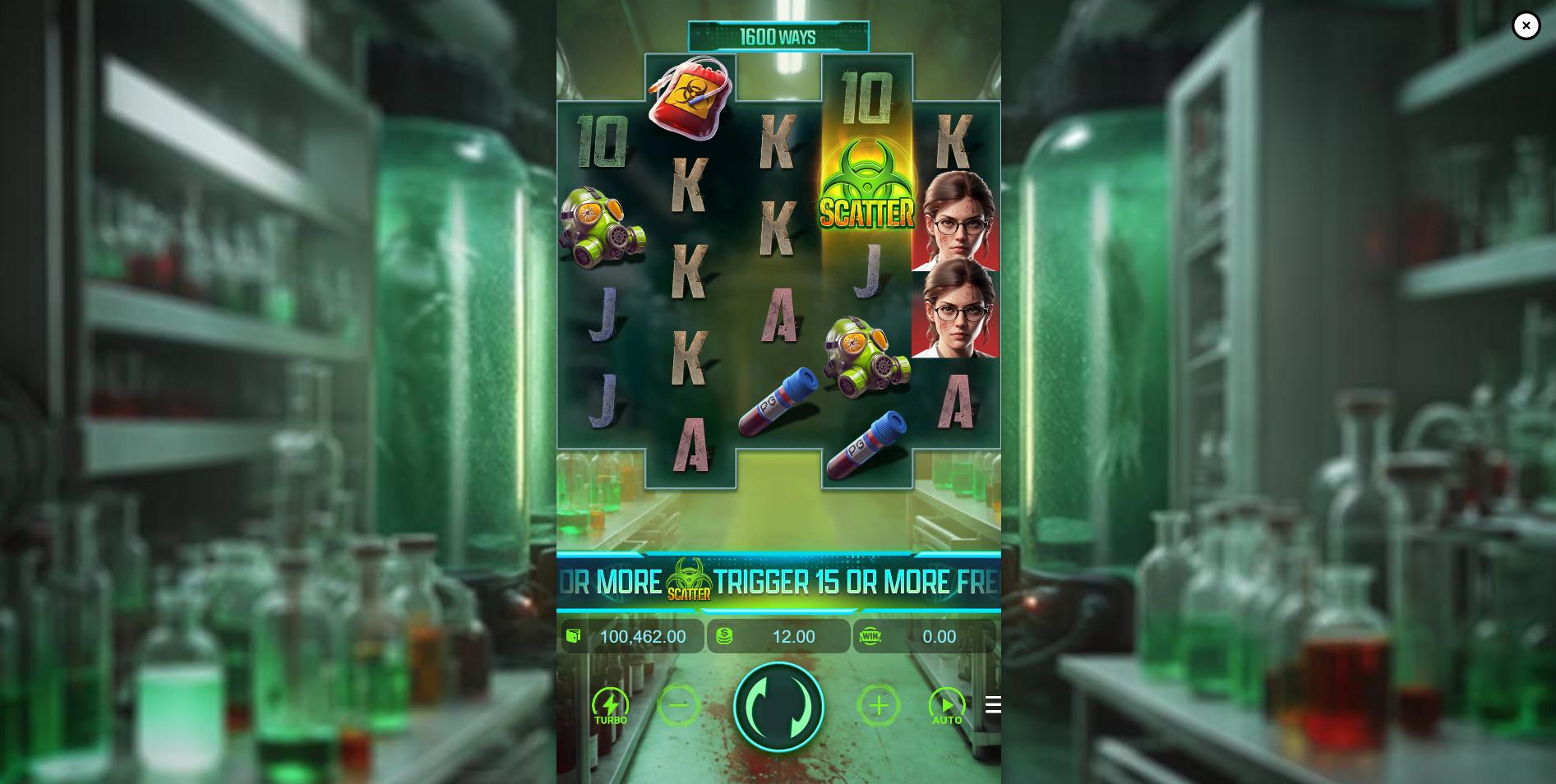 The 4-5-4-5-4 reel layout of the Zombie Outbreak slot base game, set in a tense laboratory environment, showcasing the 1600 ways to win