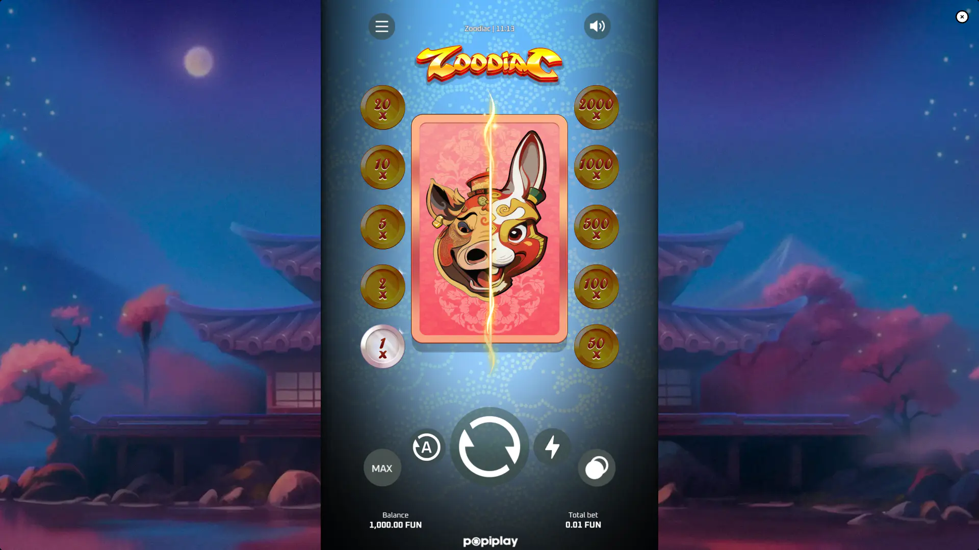 Zoodiac base screen with two reels and split zodiac masks, showing the unusual layout before a winning match