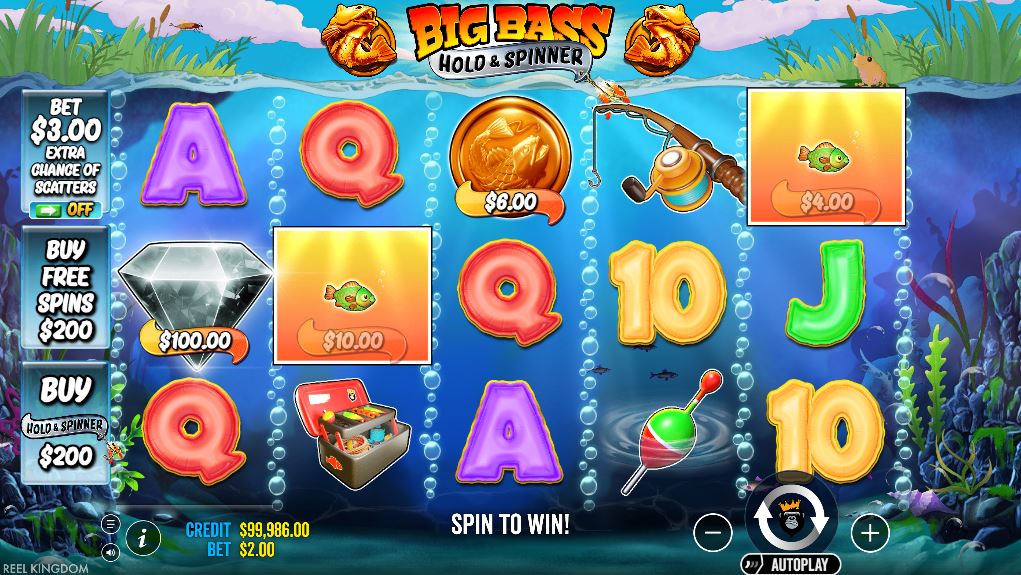 Big Bass Hold and Spinner slot machine base game screen