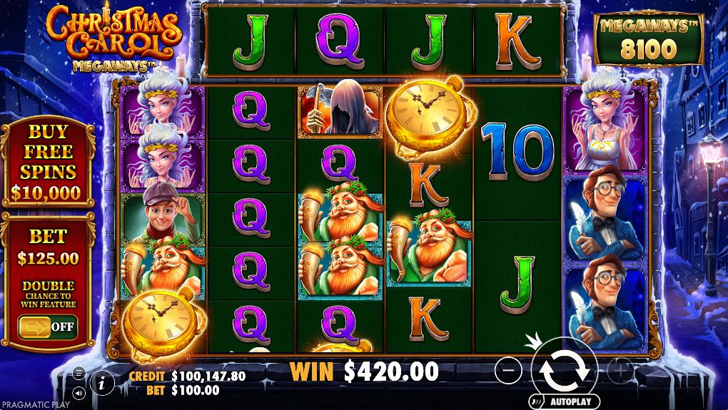 The main game screen of Christmas Carol Megaways slot, showing the Victorian street background and full reel set.