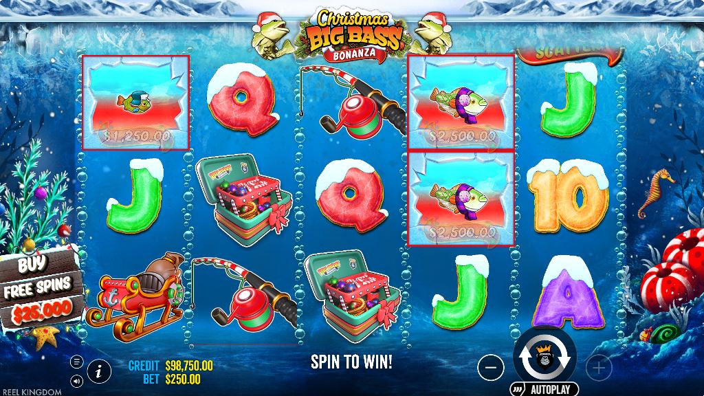 The base game screen of Christmas Big Bass Bonanza slot, showing the 5x3 reel layout and festive symbols.