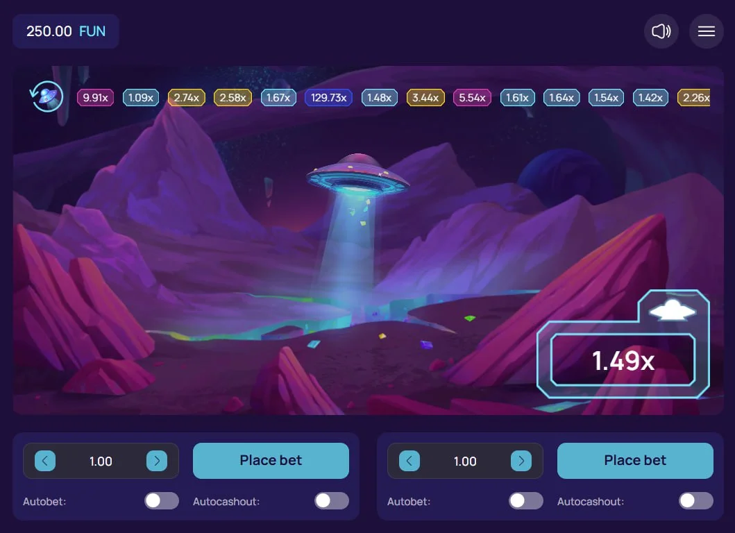 UFO collecting crystals in CosmoLoot with a 2.72x multiplier active showing the crash curve progress for the player.