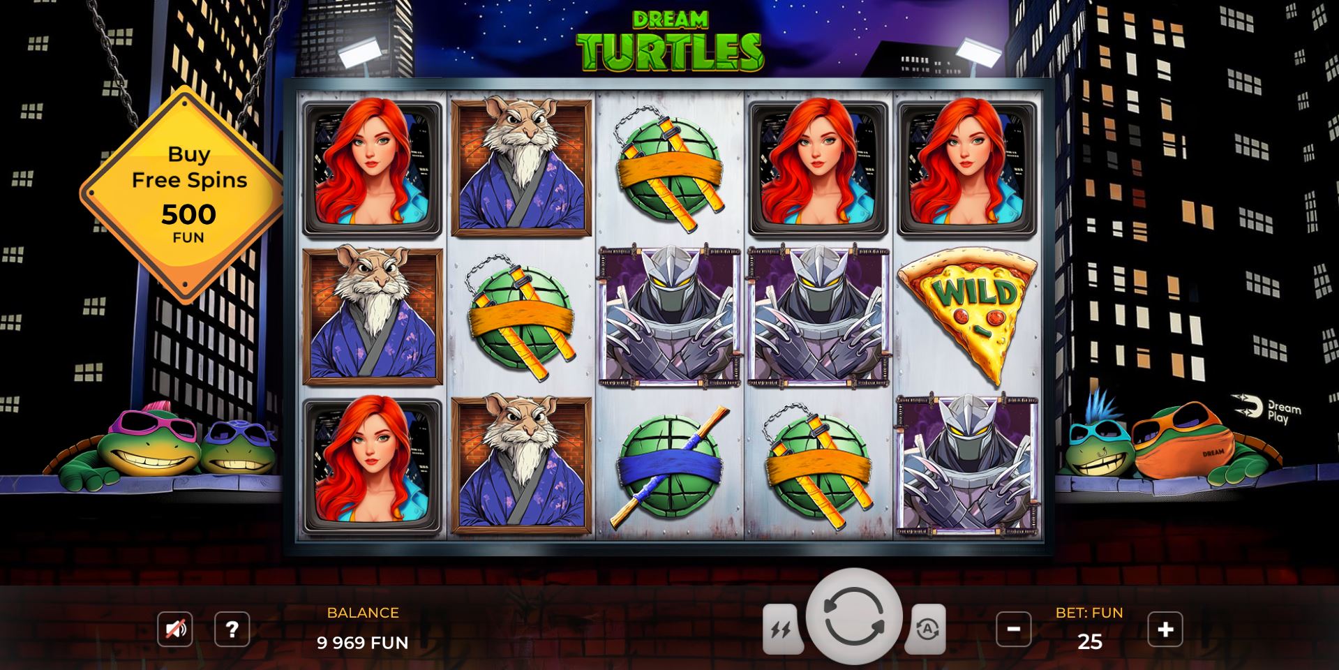 The 5x3 reel layout of the Dream Turtles slot, showing the main character symbols and urban backdrop.