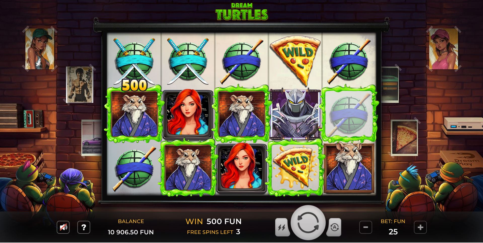 The Dream Turtles free spins round with multiple sticky pizza wild symbols locked on the reels.