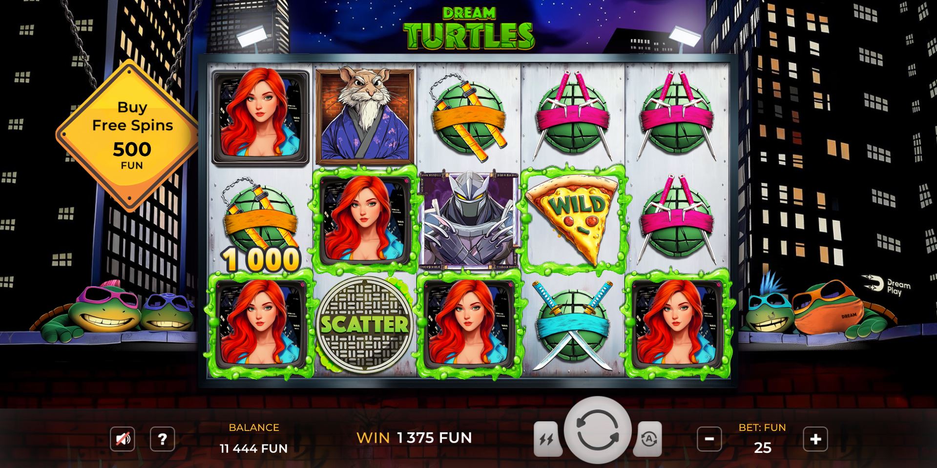 A winning combination formed with a Pizza Wild symbol in the Dream Turtles slot game.