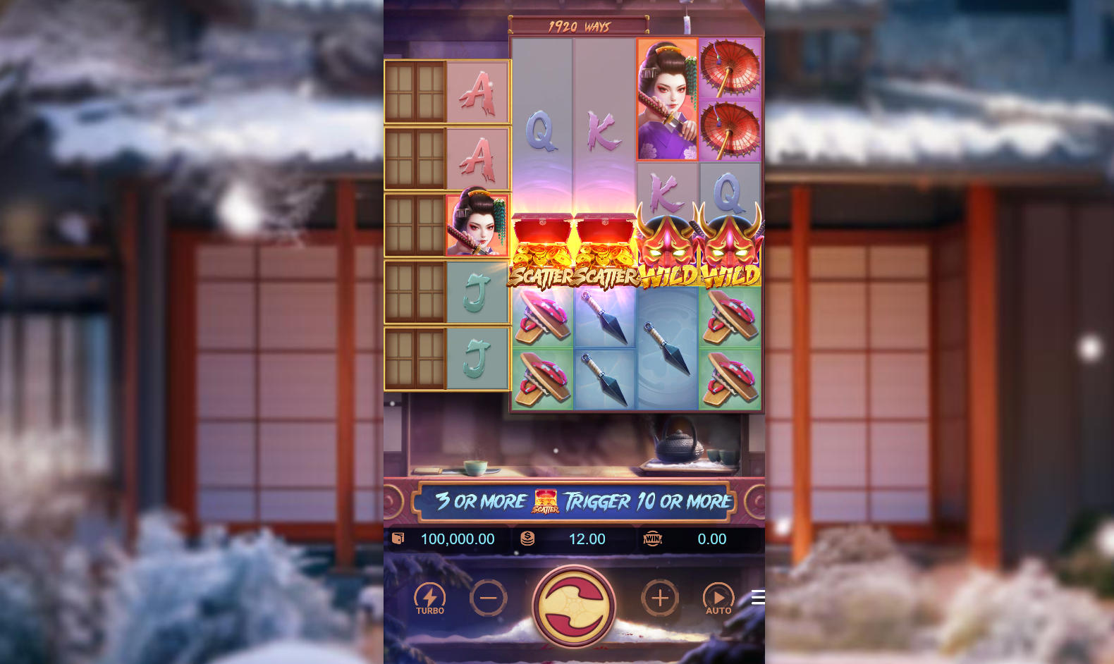 The 5-reel, 5-6-6-6-6 grid of the Geisha's Revenge slot, showing the inactive Multiplier Windows on the left, demonstrating the game's unique starting layout.