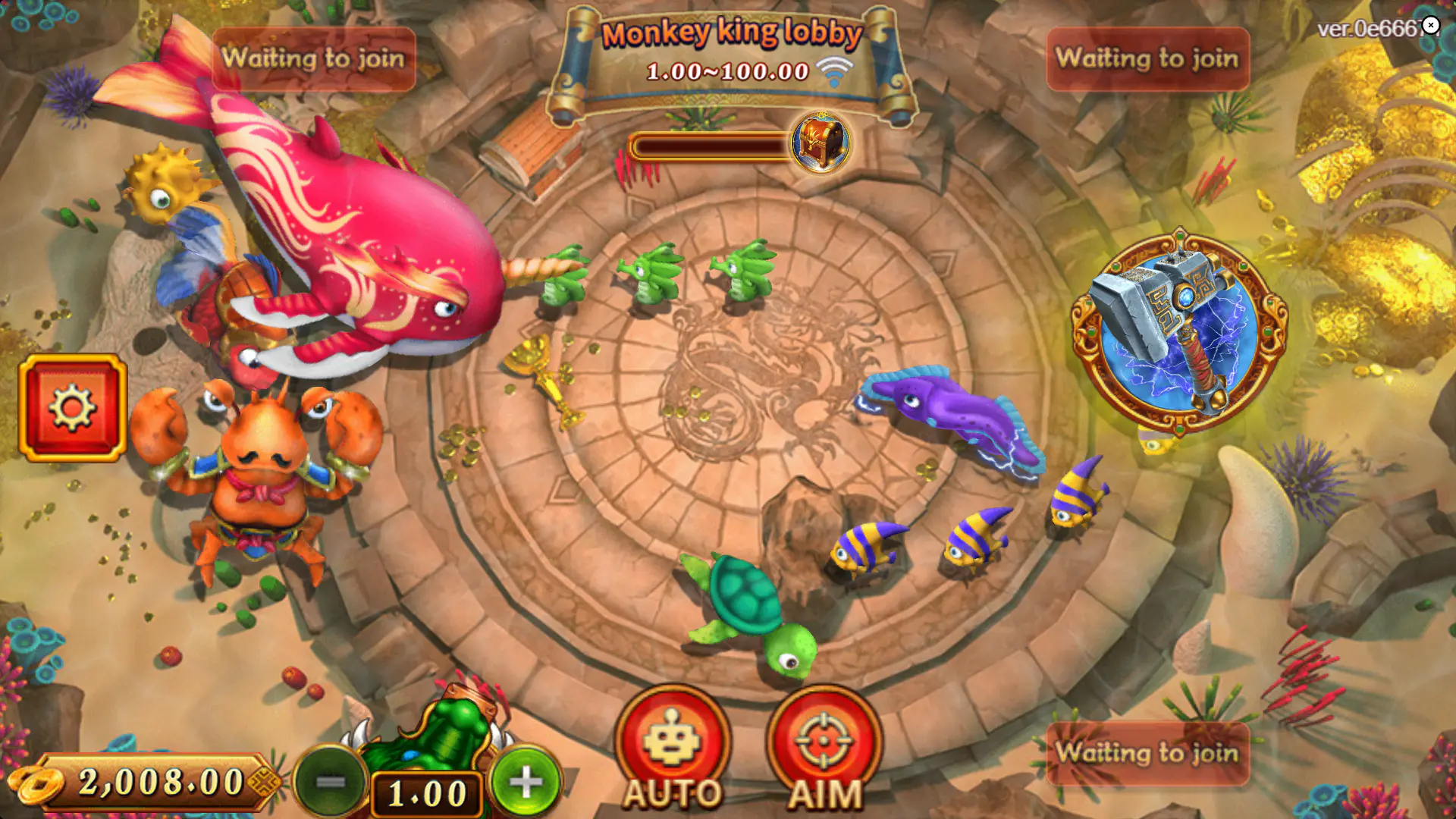 Monkey King Fishing main arena with player cannons and moving targets, showing the core screen players must read fast