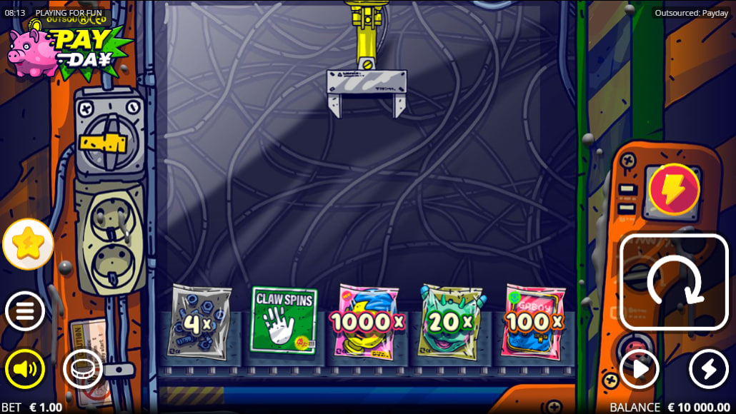 Conveyor belt with multiplier bags in Outsourced Payday showing the industrial claw ready to grab a prize for the player.