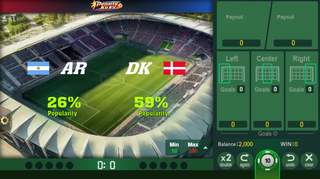 Penalty Kicks arcade game main interface showing the penalty shootout stadium, Red vs Blue teams, and the score at 0:0.