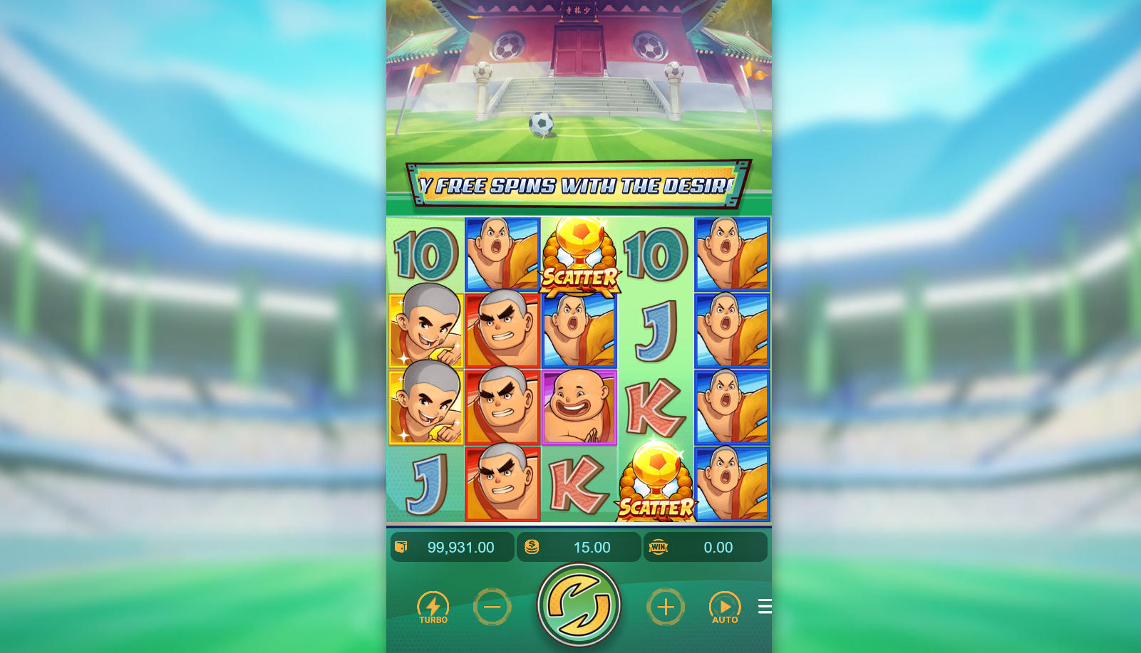 The 5x4 game grid of the Shaolin Soccer slot, showing the various Shaolin monk player symbols on the reels during normal gameplay.