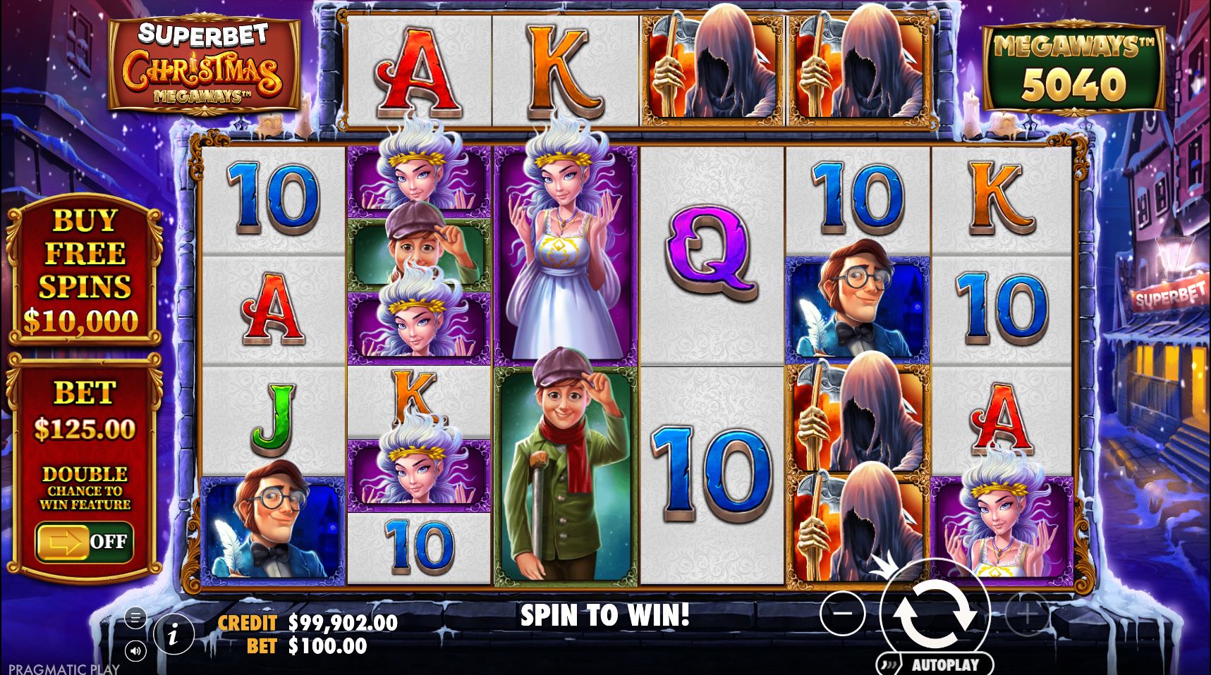 The main game screen of Superbet Christmas Megaways slot, showing the 6-reel Megaways grid and Victorian Christmas theme.