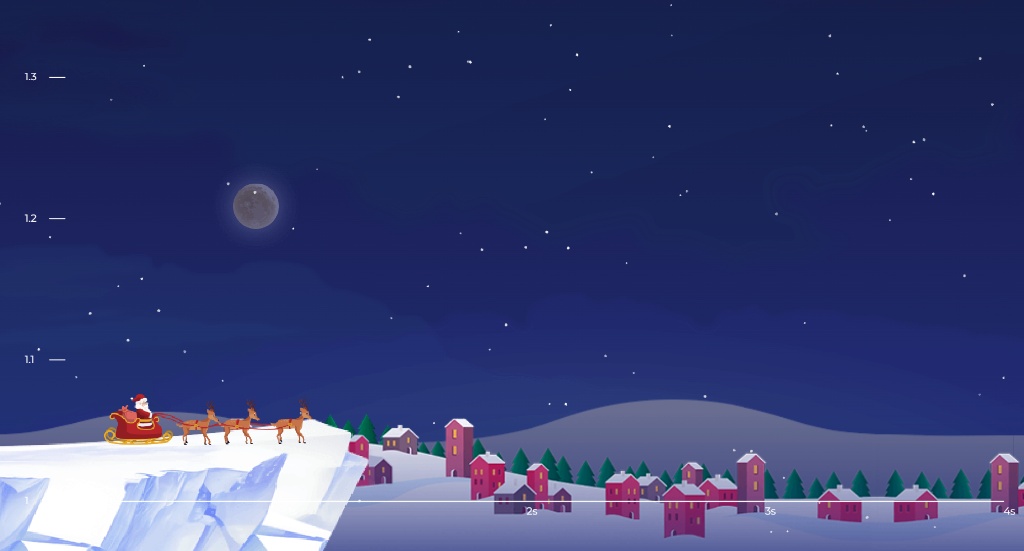 Xmas Crash main gameplay screen showing Santa sleigh taking off with night village background