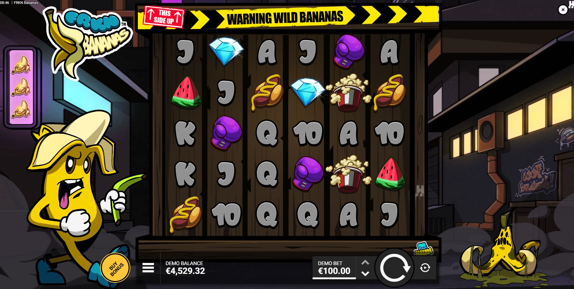 The 6x5 grid of the FRKN Bananas slot by Hacksaw Gaming, showing the main game interface and urban theme.