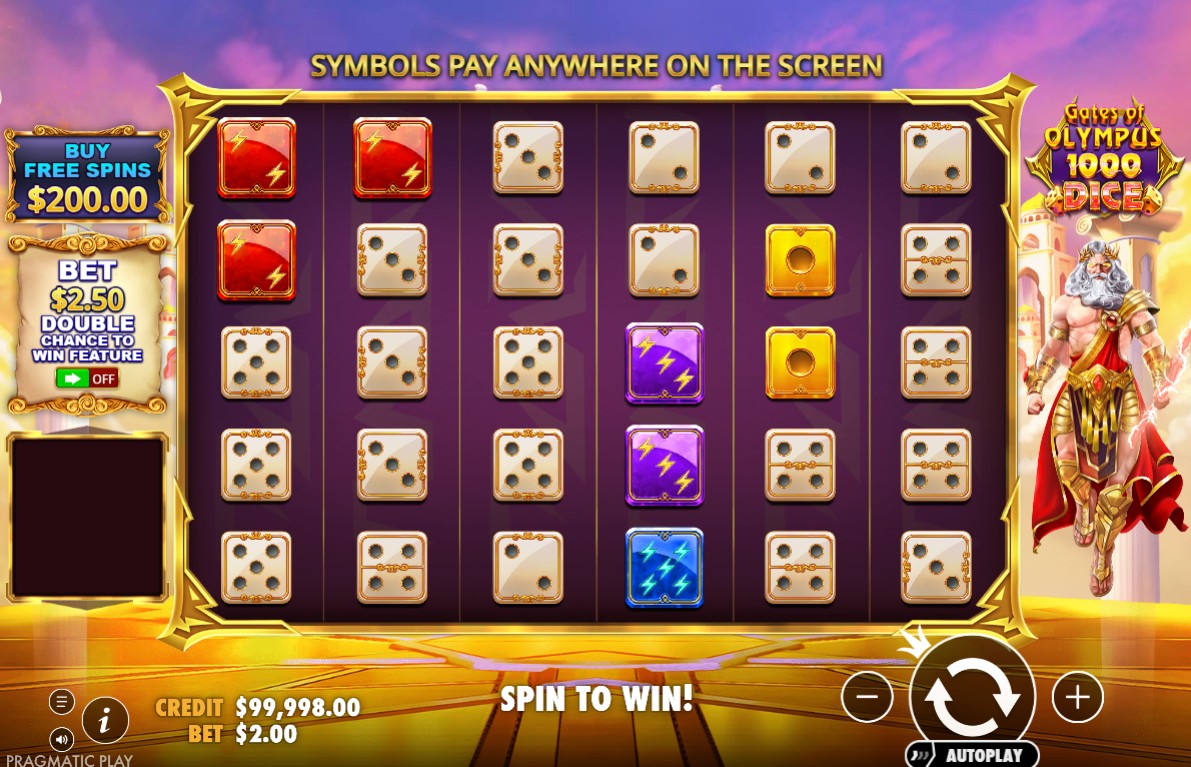 The 6x5 game grid of the Gates of Olympus 1000 Dice slot, with Zeus floating to the right of the reels.