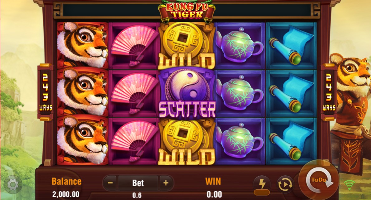 The 5x3 reel grid of the Kung Fu Tiger slot, showing the main character and symbols during standard gameplay.