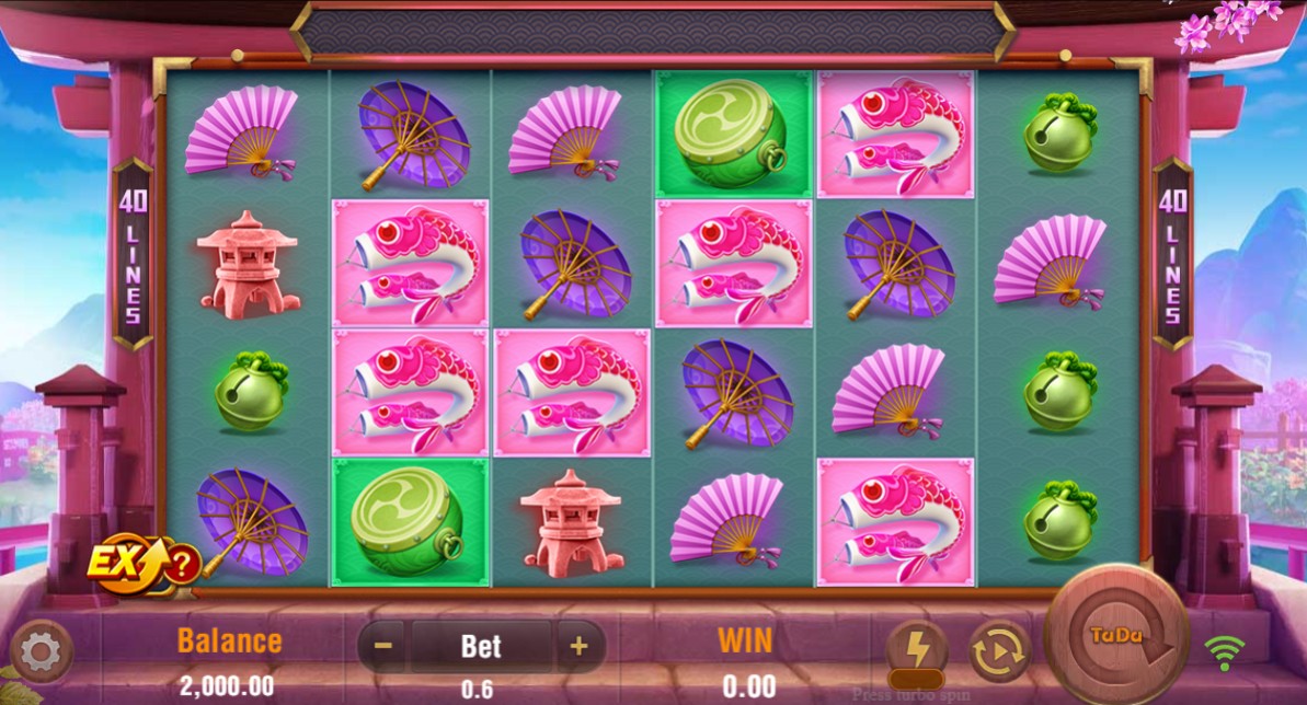 The 6x4 reel layout of the Neko Neko slot in the base game, showing various Japanese-themed symbols.