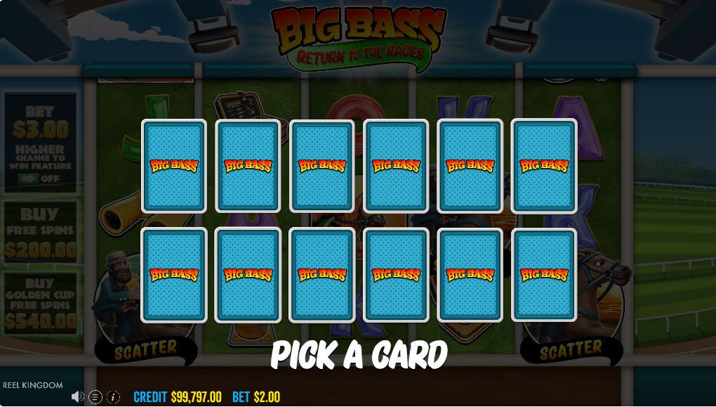 The Pick-a-Card feature screen in the Big Bass Return to the Races demo.