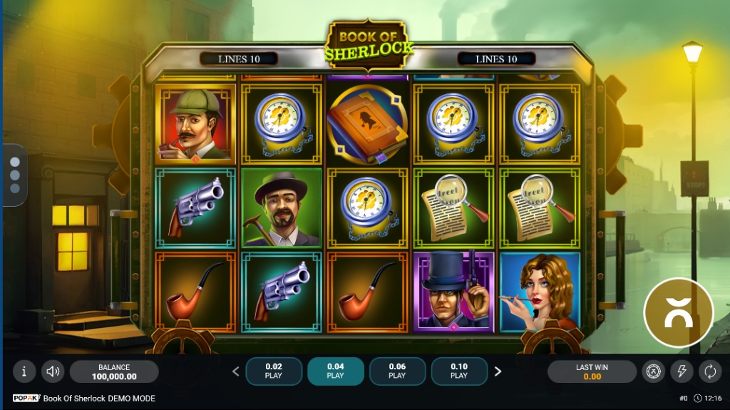 Book of Sherlock slot main game reels showing Sherlock Holmes, Watson, and detective tools symbols on a foggy London background.