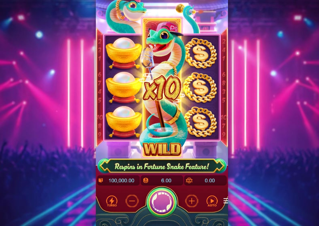 Main interface of Fortune Snake slot by PG Soft showing the 3-4-3 reel grid, bet options, and vibrant disco background.