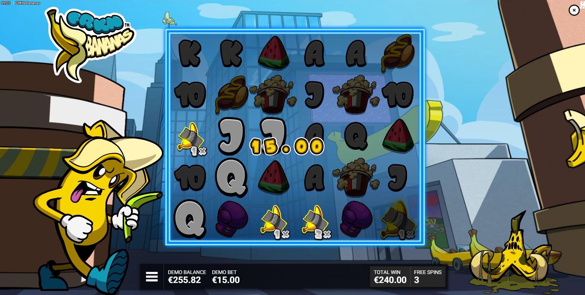 The Banana Blitz! feature in FRKN Bananas with several Sticky Banana wild multipliers locked on the reels.