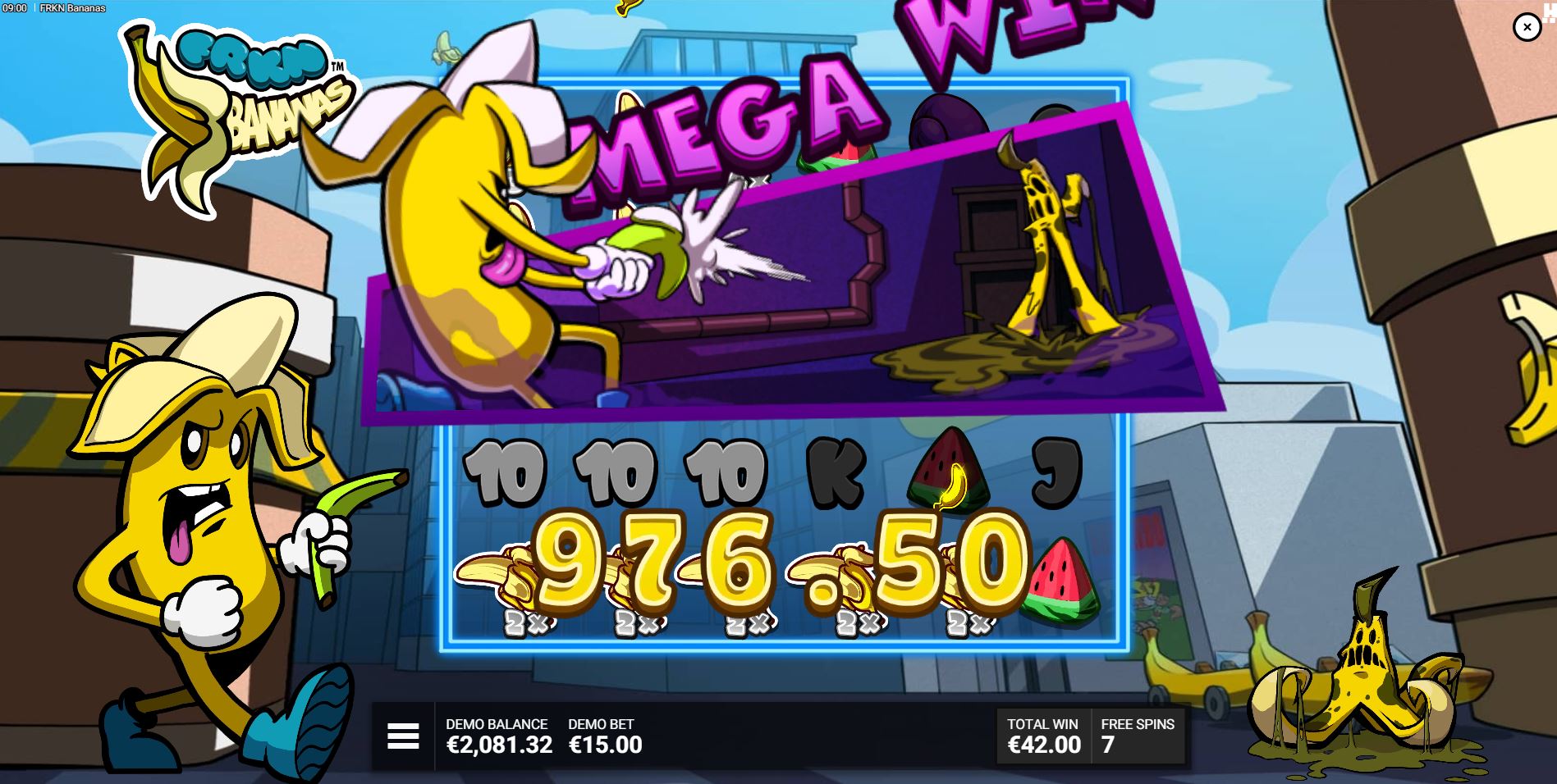 A winning spin during the BANANZA! free spins bonus round in FRKN Bananas, showcasing high-value multipliers.