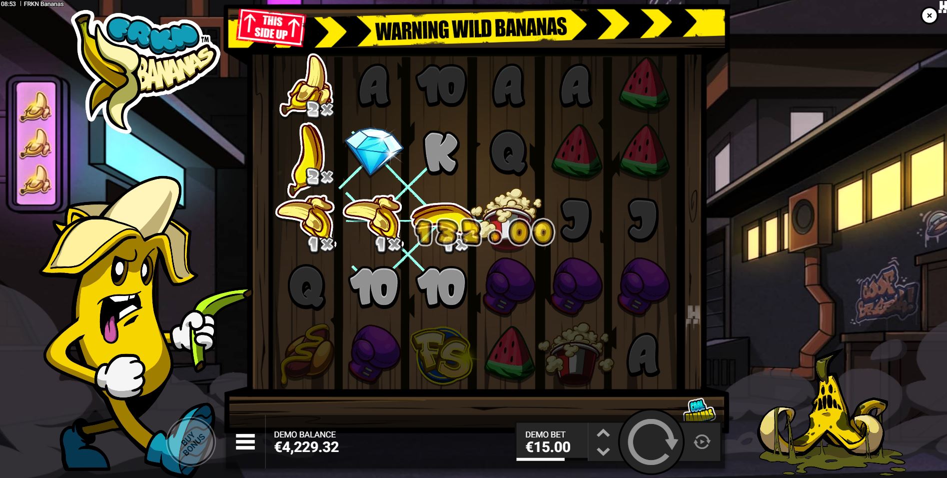 The Banana Spread feature in action in the FRKN Bananas slot, with wild multipliers spreading across a payline.