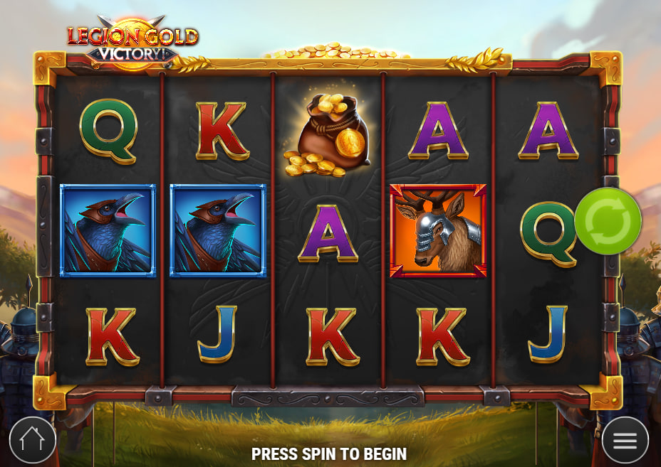 Main 5x3 grid of Legion Gold Victory slot displaying initial symbol configurations and the start prompt before initiating a spin session.