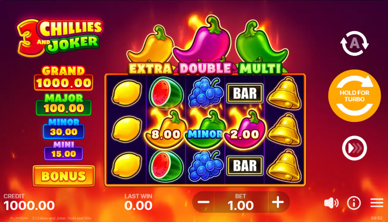 3 Chillies and Joker main game screen showing 5x3 grid, 10 paylines, and jackpot values for Grand, Major, Minor, and Mini.