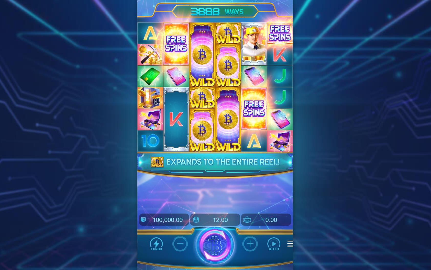 The 6x6 grid of the Crypto Gold slot during base gameplay, showing the cryptocurrency-themed symbols and the ways-to-win counter.