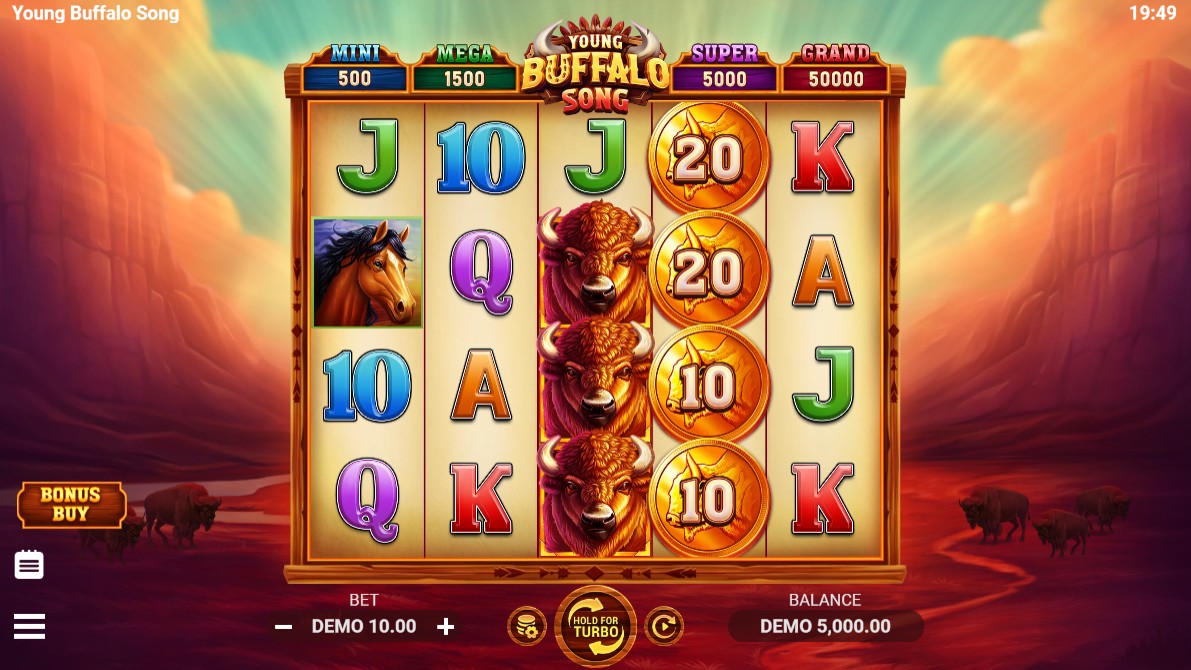 The base game screen of Young Buffalo Song, showing the 5x4 reel layout against a scenic canyon backdrop.