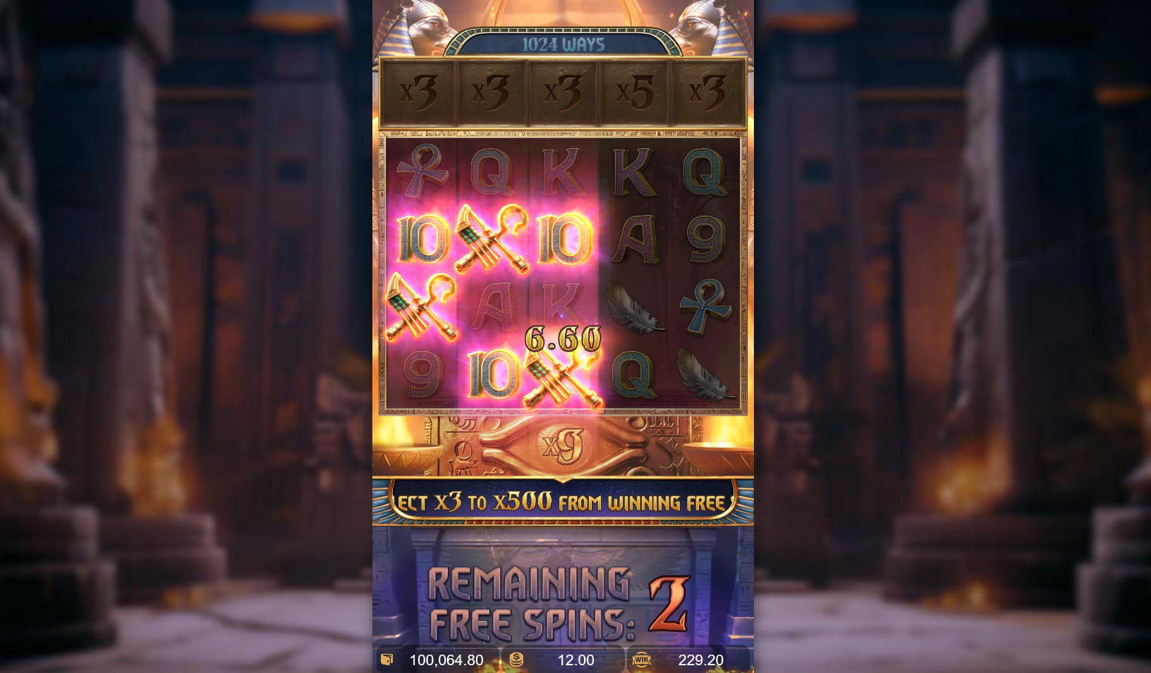 The Anubis Wrath Free Spins round in action, with a significant cumulative multiplier of x9 displayed at the bottom, ready to boost the next win.