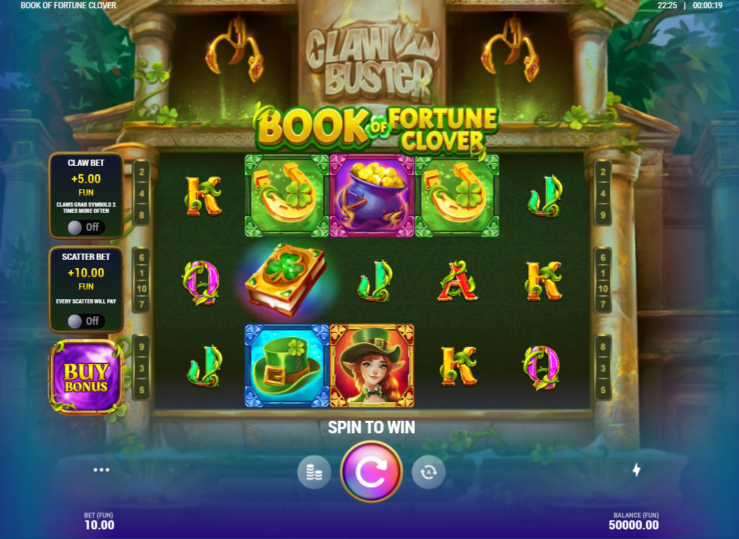 Book of Fortune Clover main 5x3 reel set with mechanical claws positioned above symbols for expansion triggers.