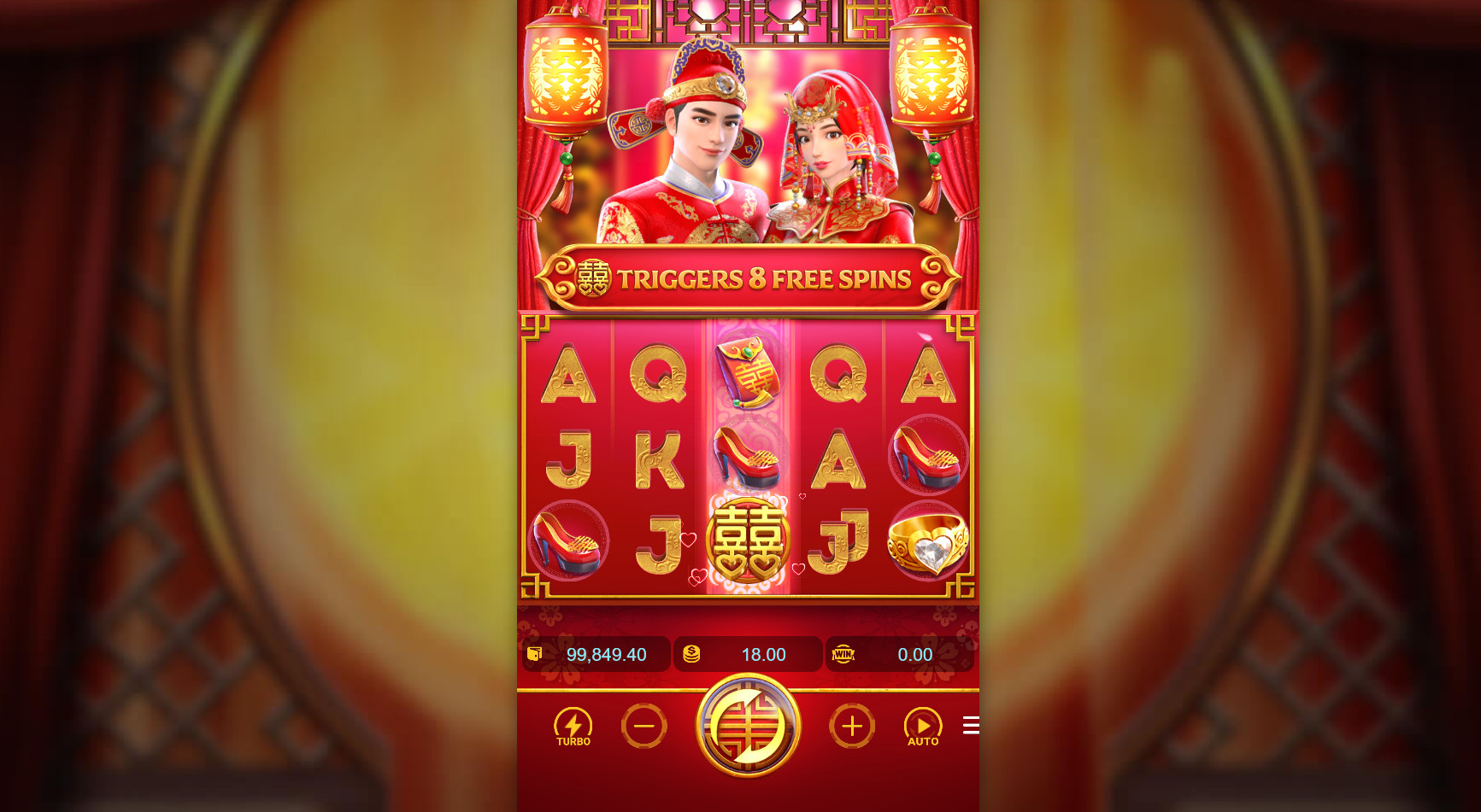 Double Fortune slot main game interface featuring 5 reels and traditional Chinese wedding symbols in a 5x3 grid layout.