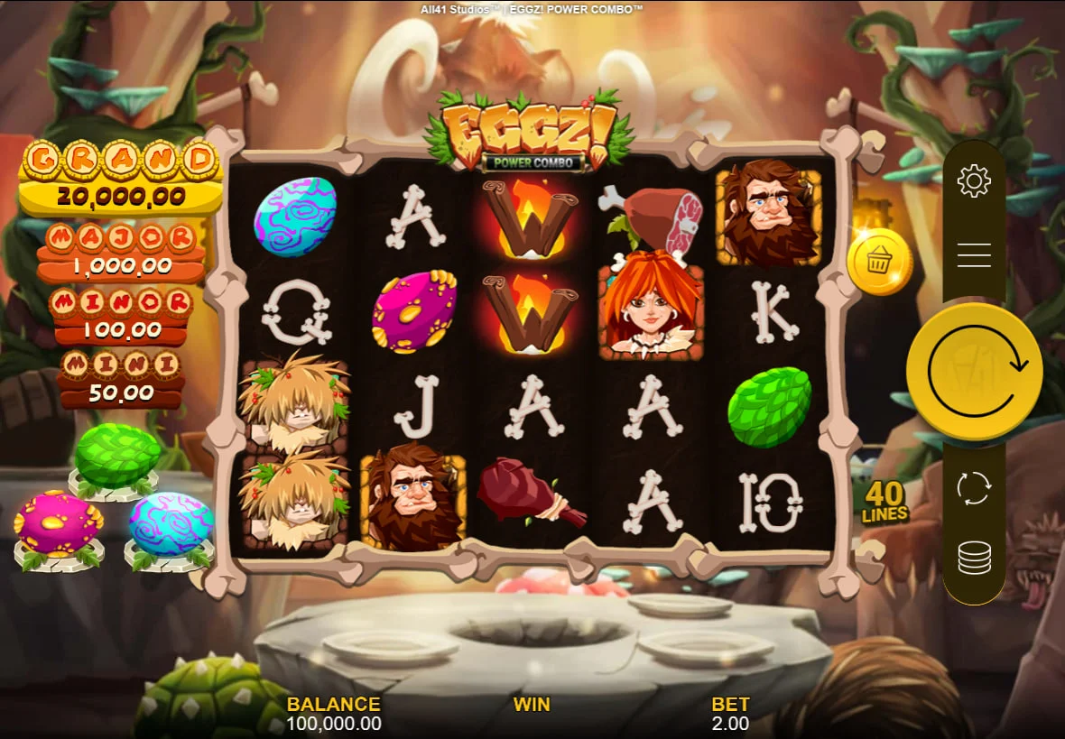 Full 5x4 reel set of Eggz! Power Combo slot in base game mode featuring caveman symbols and prehistoric eggs.