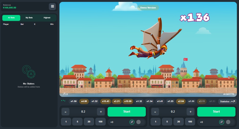 Hezarfen Crash game interface featuring the Galata Tower background and dual betting controls before the round starts.