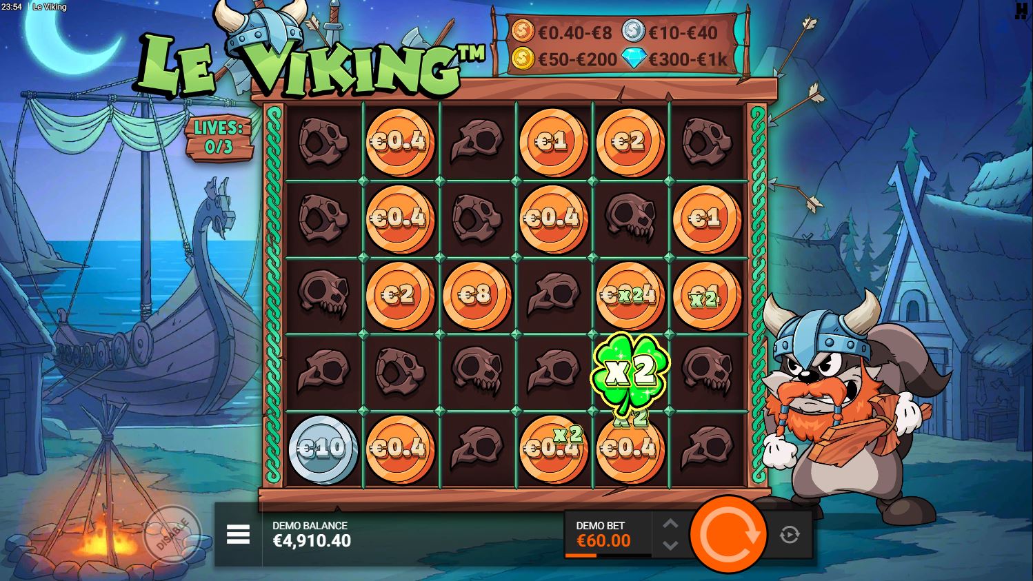 The Raid Spins bonus round in Le Viking with sticky coins, diamonds, and a Clover multiplier.