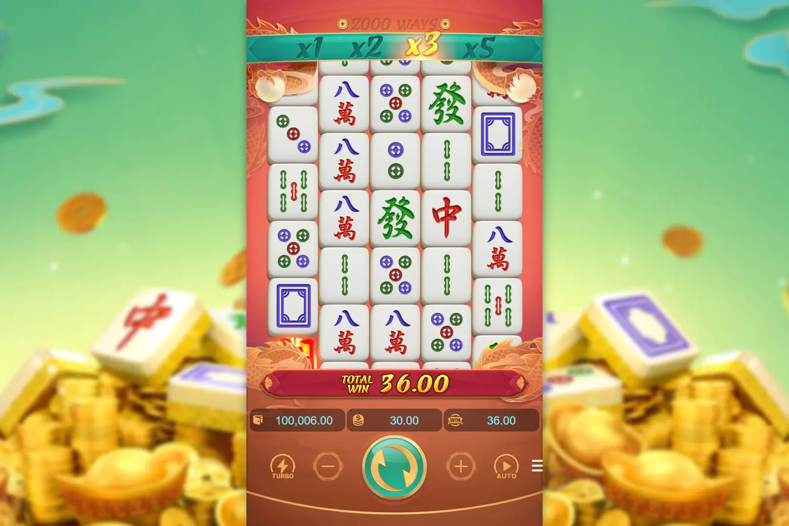 Mahjong Ways 2 main game screen with the 4-5-5-5-4 reel layout and multipliers above the reels, showing the sequel’s wider board structure