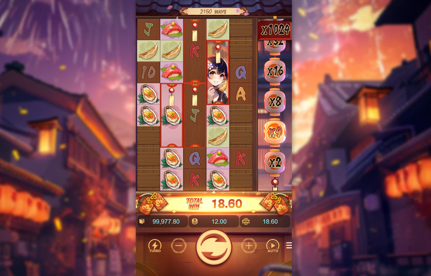The 5x8 game grid of the Oishi Delights slot during base gameplay, showing the anime character Misaki and other food symbols, illustrating the slot's layout for the player.