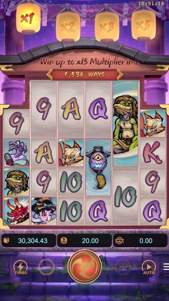 The base game grid of the Spirited Wonders slot, showing the 6-reel layout and the Japanese Yokai theme.