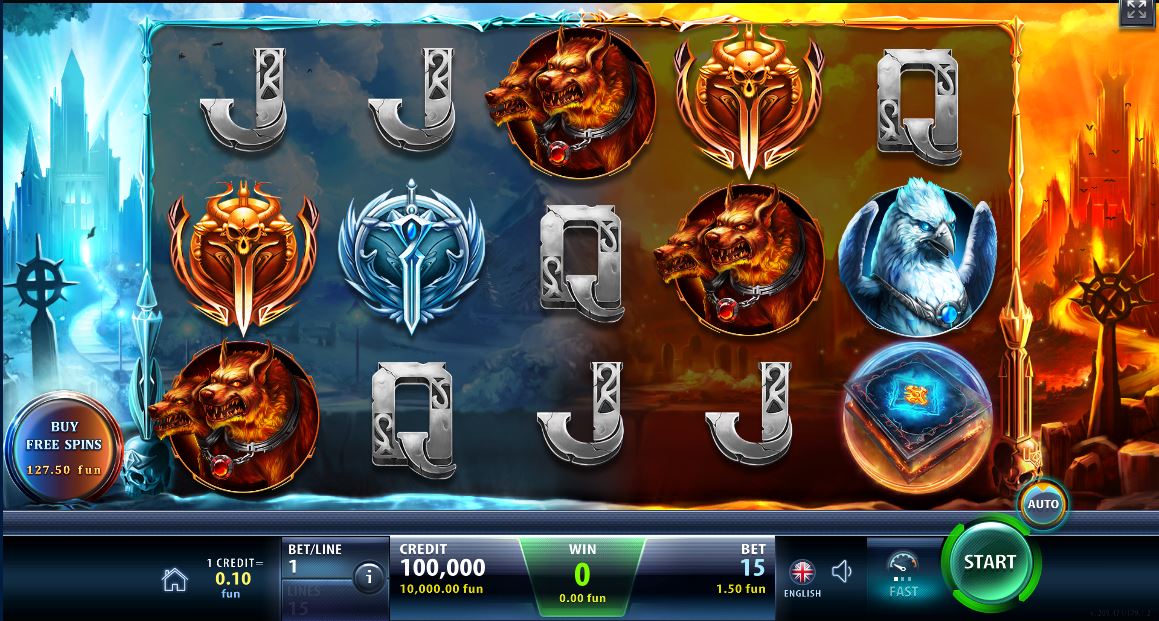The main game screen of Angel's Duel Saga slot, showcasing the 5x3 reel layout against a backdrop split between heaven and hell.