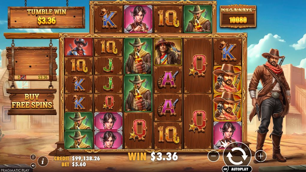 The main game grid of Bandit Megaways, showcasing the 6x7 reel layout against a dusty Wild West town backdrop with the Megaways counter visible.