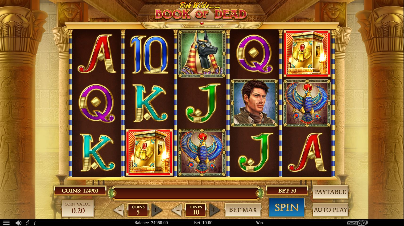 The main 5x3 game grid of the Rich Wilde and the Book of Dead slot, showcasing the Egyptian-themed symbols and user interface.