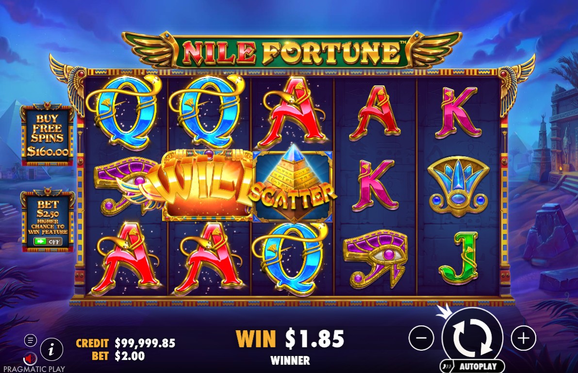 The main 5x3 game grid of the Nile Fortune slot, showing Egyptian god symbols and vibrant graphics against a temple background.