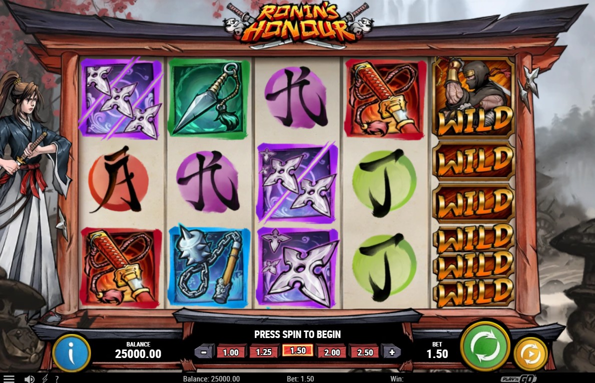 The main 5x3 game grid of the Ronin's Honour slot, featuring the female ronin character on the left.