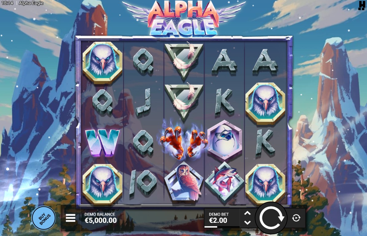 The 5x4 game grid of the Alpha Eagle slot, set against a snowy mountain backdrop, showcasing high-paying animal symbols and low-paying royals.