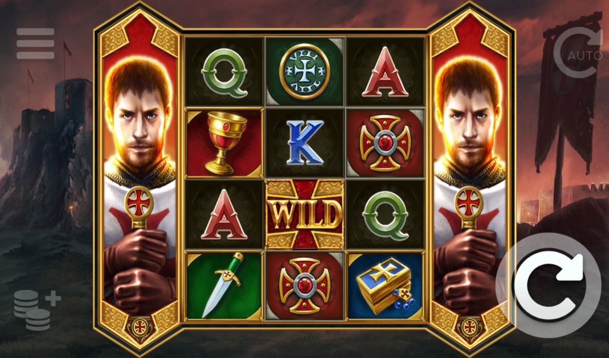 The 5x4 grid of the Crusader online slot during base gameplay, showing medieval symbols.