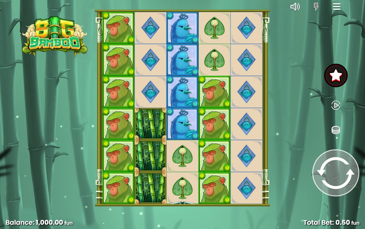 The 5x6 grid of the Big Bamboo slot by Push Gaming, showing the tranquil bamboo forest theme and various animal symbols.